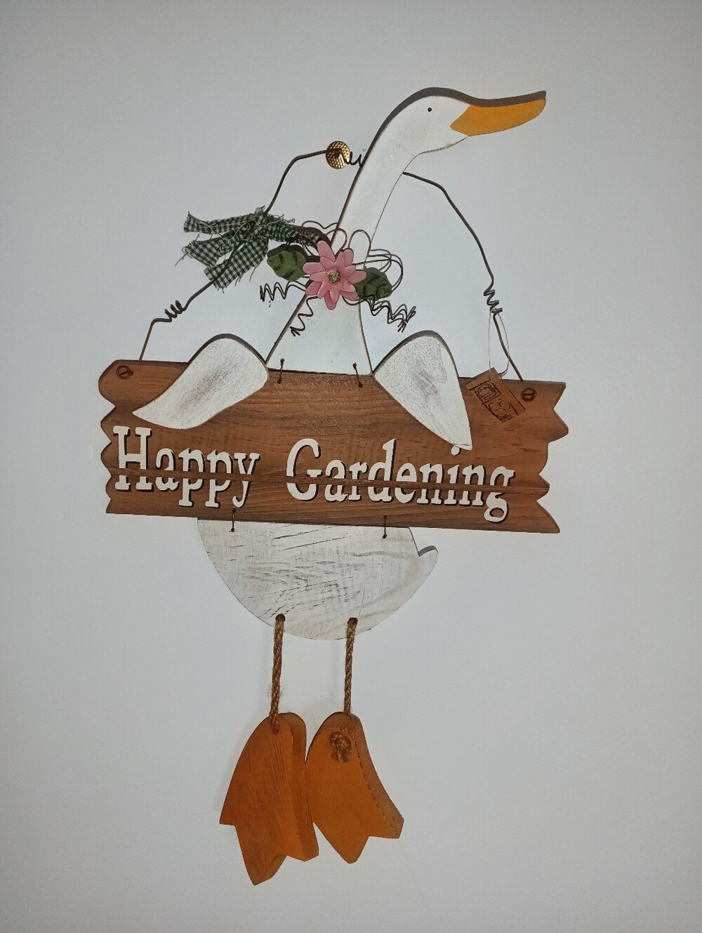Happy Gardening Wooden Goose Wall Hanging - White & Brown